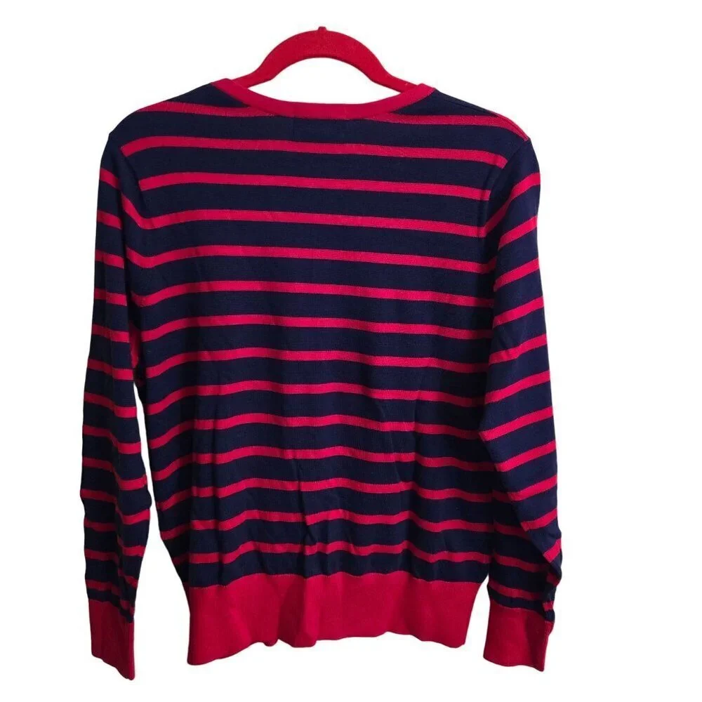 Lands' End Navy Red Striped Supima Cotton Nautical Cardigan Sweater Size L